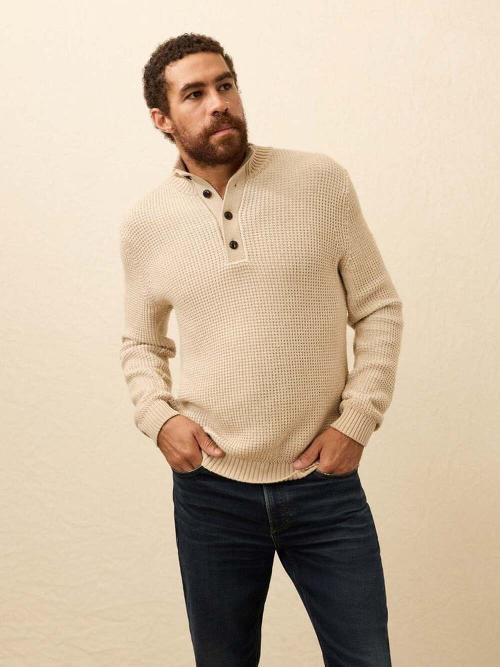 Faherty Quarter Button Cashmere Blend Sweater Alpine Khaki Mens XL NWT $268